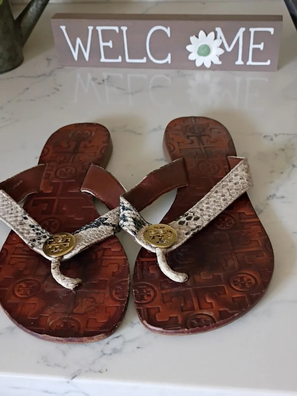 Tory Burch Snake-Print Miller Thong Sandals - Brown & Cream